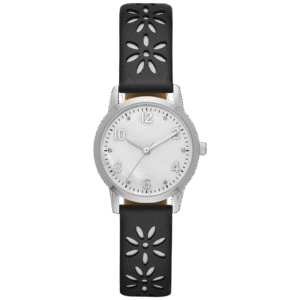 Women’s Crystal Accent Watch with Silver Case and Perforated Black Strap