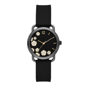 Women’s Floral Dial Watch with Gunmetal Case and Black Strap